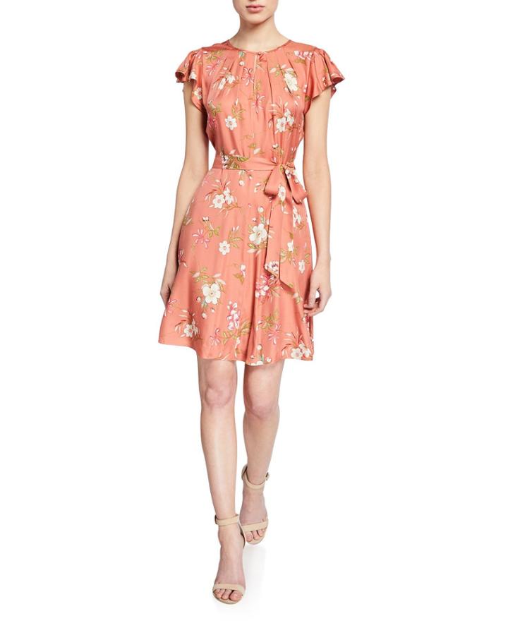 Lita Floral Flutter-sleeve Keyhole Dress