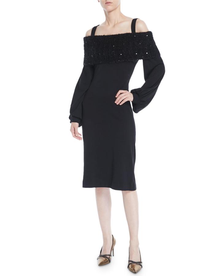 Off-the-shoulder Blouson-sleeve Wool Jersey Sheath Cocktail Dress