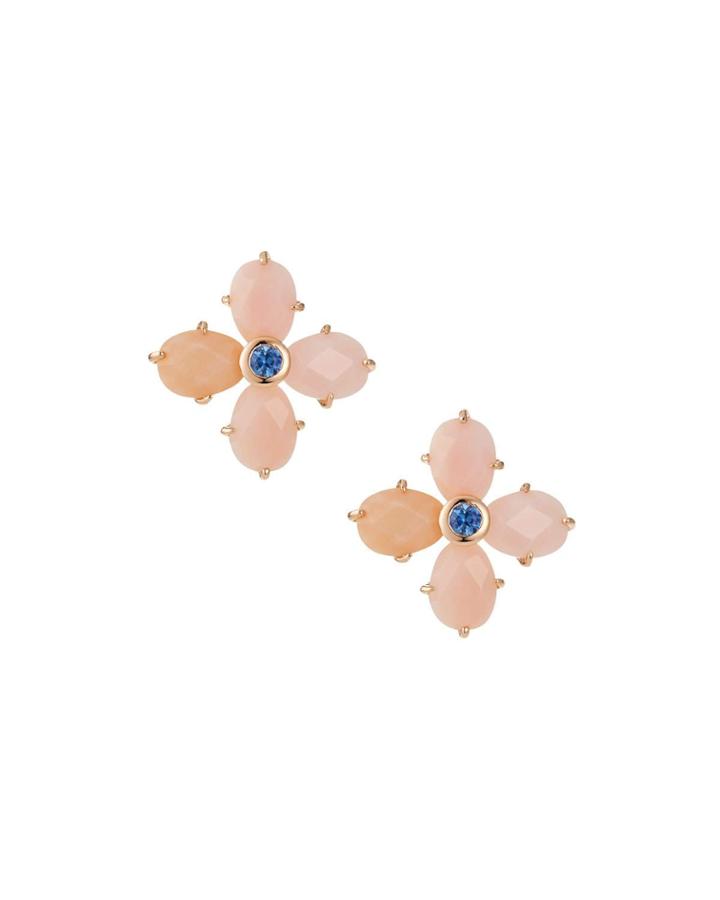 18k Gold Quartz & Sapphire Flower Earrings