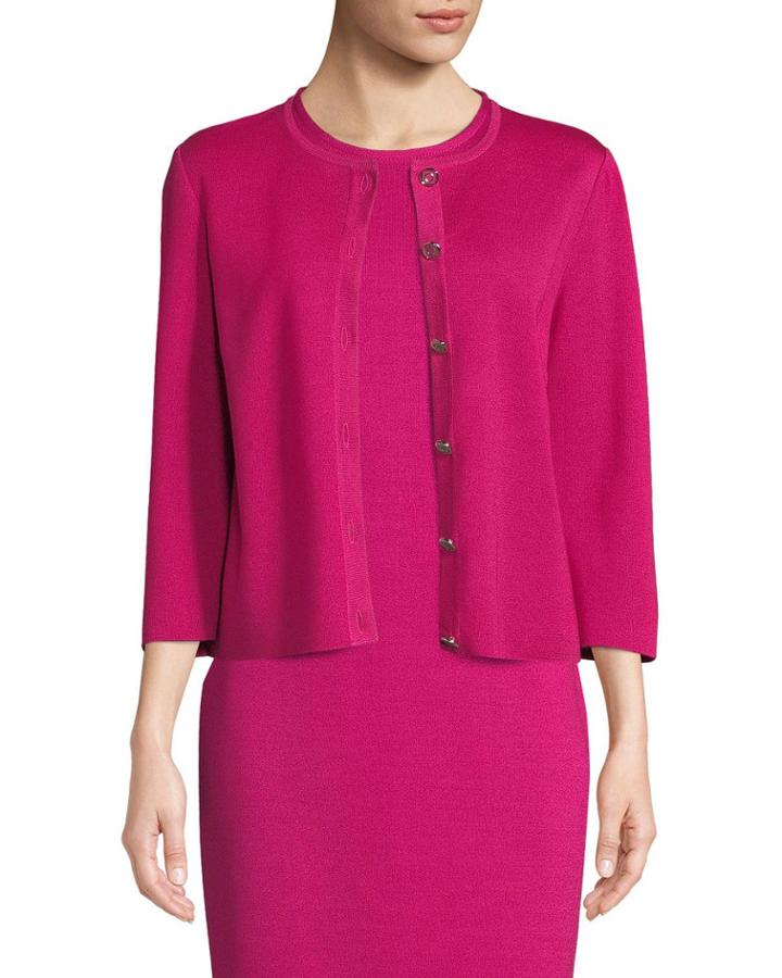 3/4-sleeve Milano-knit Button-front Cardigan, Pink