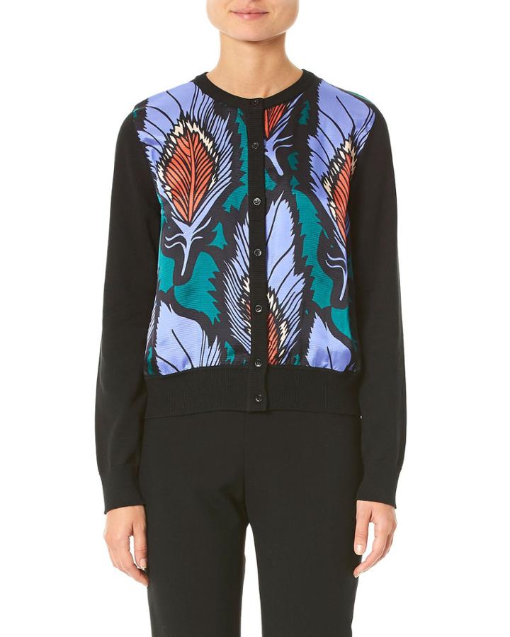 Feather-printed Silk-panel Cardigan