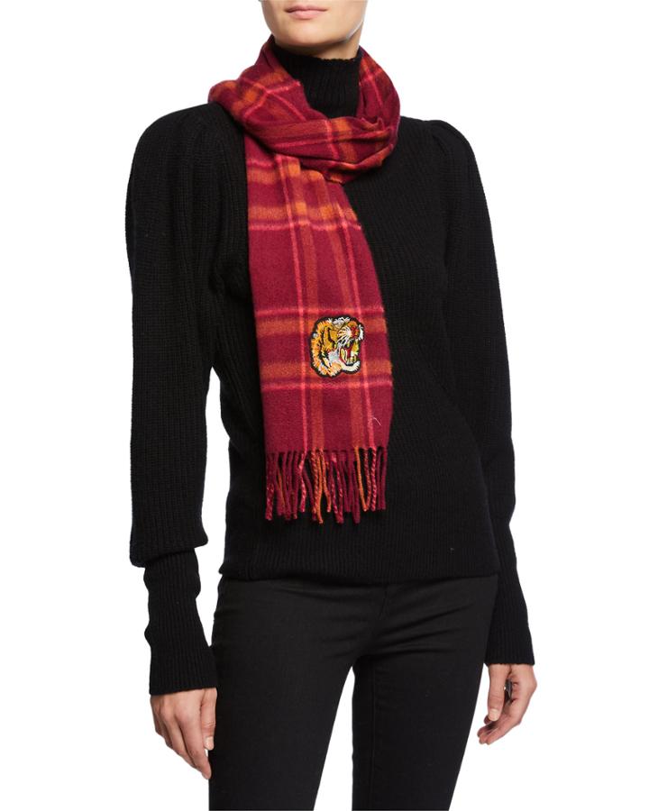 Cashmere Plaid Scarf W/ Tiger Patch