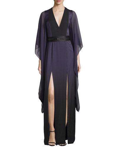 3/4-sleeve Belted Caftan Gown, Elderberry