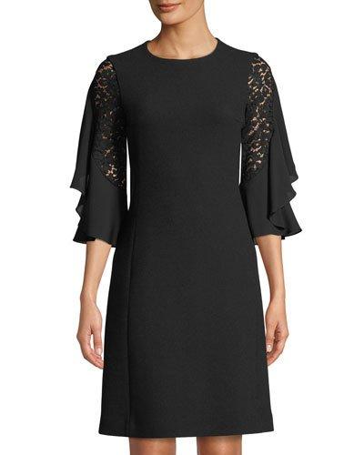 Ruffle-sleeve Boucle Crepe Dress