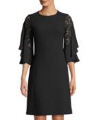 Ruffle-sleeve Boucle Crepe Dress