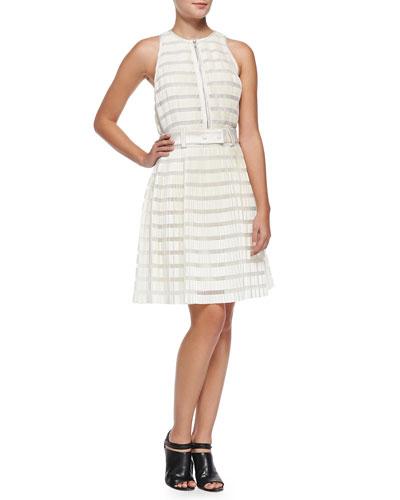 Striped Accordion-pleated Fit-and-flare Dress, Ivory