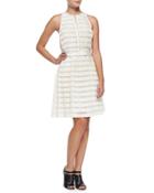 Striped Accordion-pleated Fit-and-flare Dress, Ivory