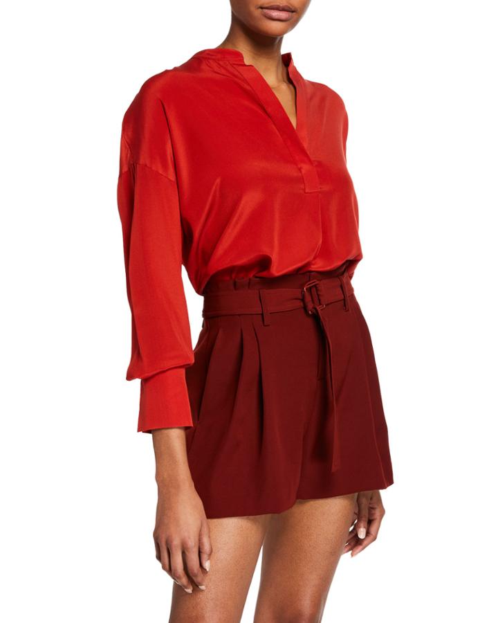 Band-collar Silk Popover Blouse
