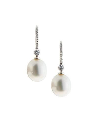 18k White South Sea Pearl & Diamond Drop Earrings,