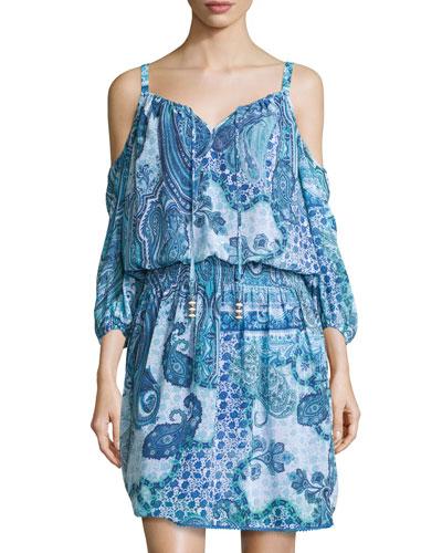 Paisley Tie-front Cold-shoulder Dress, Blue/purple