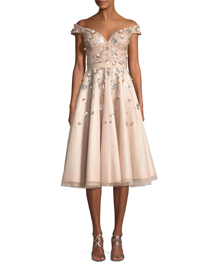 Off-the-shoulder Embellished Cocktail Dress