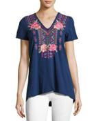 Floral-embroidered Drape-back Tee, Navy