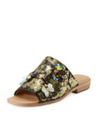 Niki Sequined Embellished Slide Sandals, Black/gold
