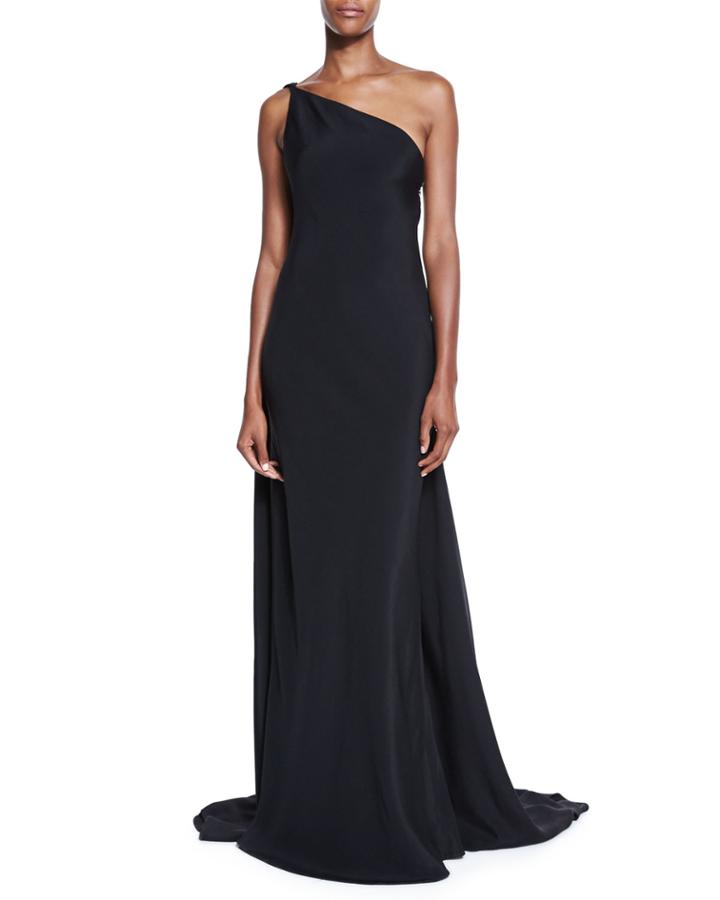 One-shoulder Draped Strappy-back Gown, Black