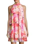Halter-neck Floral-print Double-layer Dress, Pink Pattern