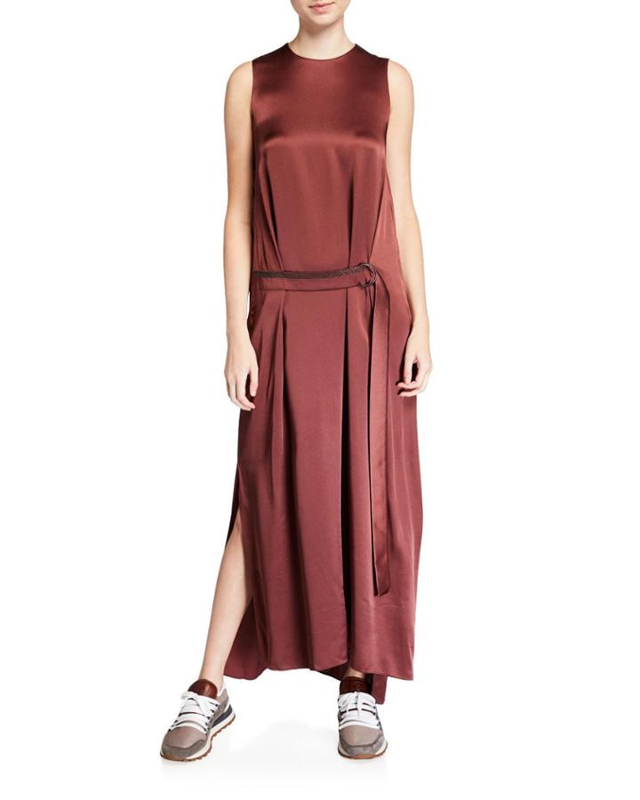Sleeveless Liquid Satin Ankle-length Dress