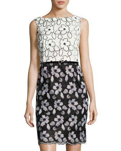 Floral-embroidered Belted Sheath Dress, Black/white