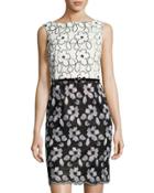 Floral-embroidered Belted Sheath Dress, Black/white