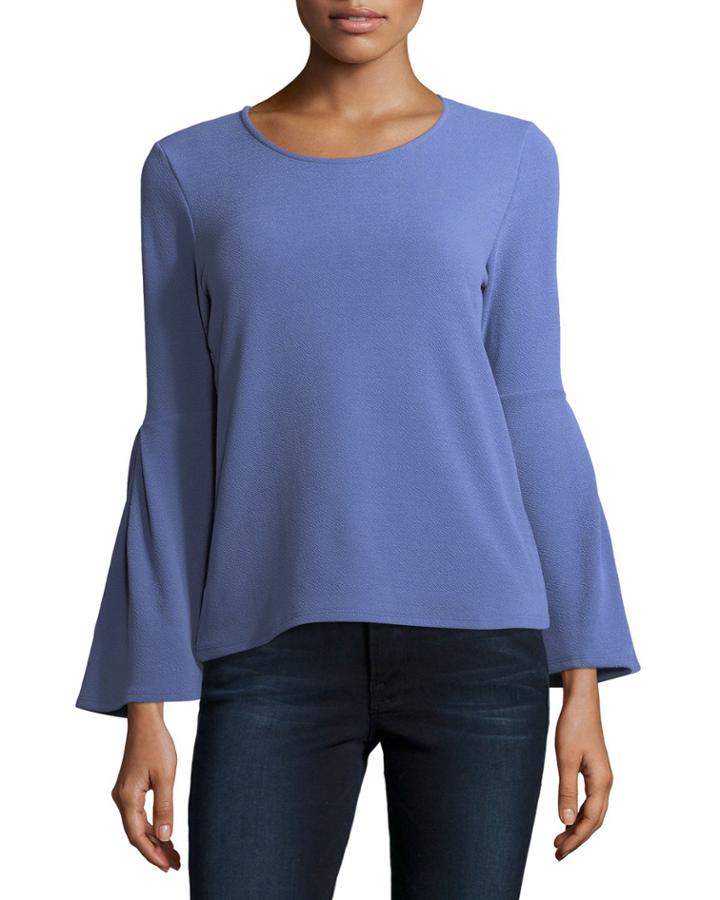 Zip-back Bell-sleeve Blouse, Blue