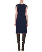 Crewneck Sleeveless Fitted Wool Crepe Dress W/ Knit Details