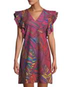 Multicolor Fern-print Shoulder-ruffle Dress