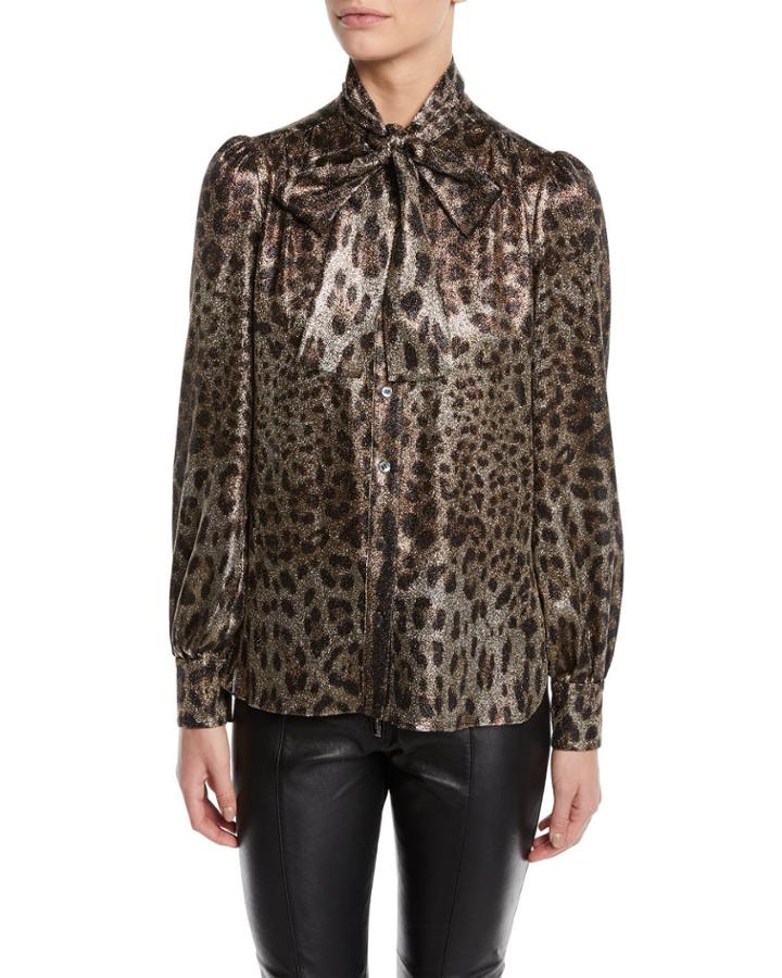 Tie-neck Long-sleeve Metallic