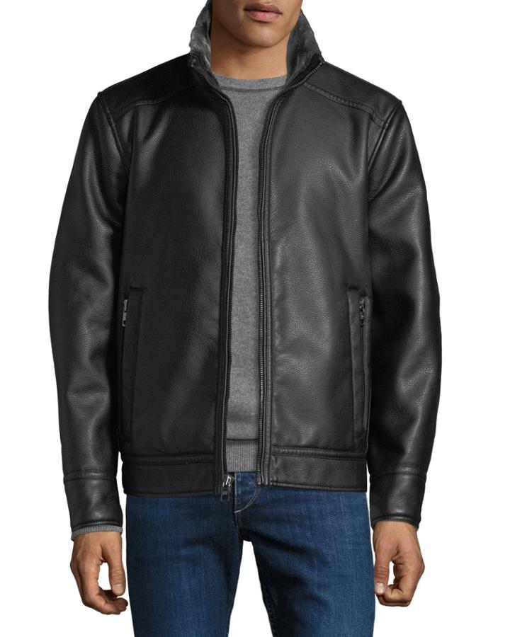 Men's Pebbled Faux-leather Shearling-trim Jacket