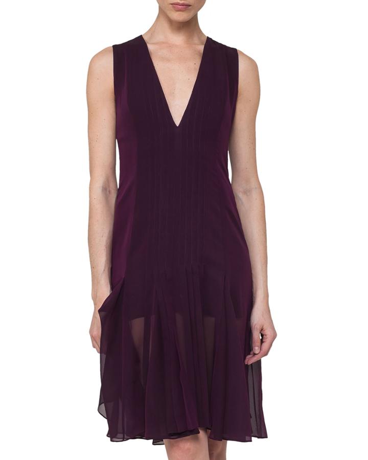Silk Georgette Sleeveless V-neck Pleated Dress, Purple
