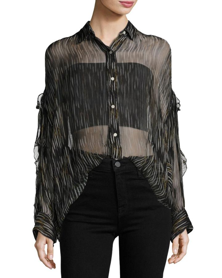 Calgary Button-front Sheer Tunic Top, Navy