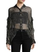 Calgary Button-front Sheer Tunic Top, Navy