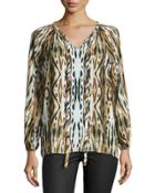 Printed Long-sleeve Tie-front Blouse, Animal
