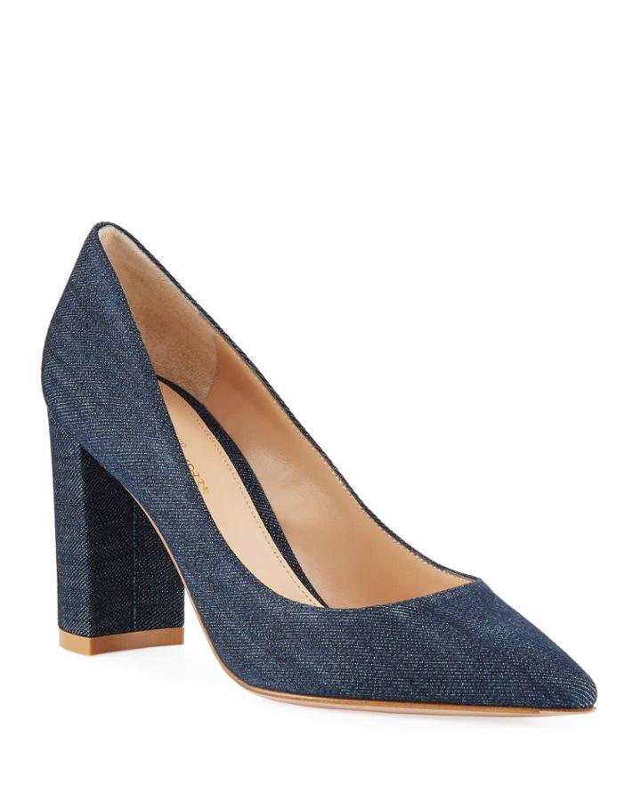 Denim Pointed-toe Pumps With Chunky Heel