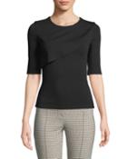 Ruffle-front Elbow-sleeve Fitted Top