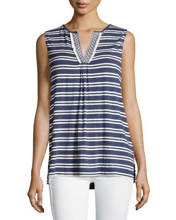 Sleeveless Embroidered Tank, Natural/indigo