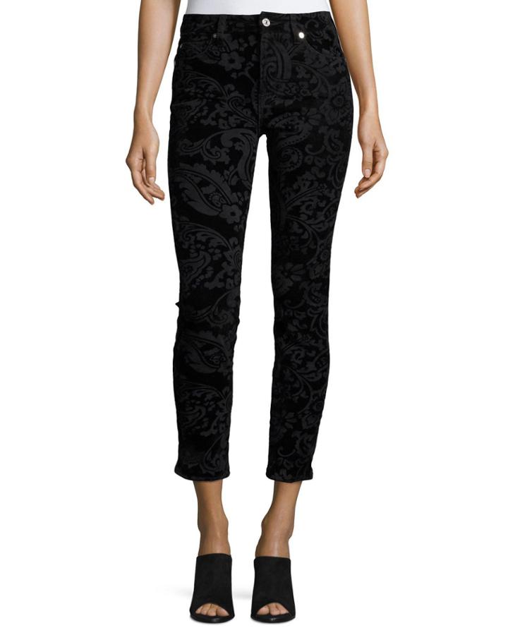 Velveteen Paisley Ankle Skinny Jeans, Black