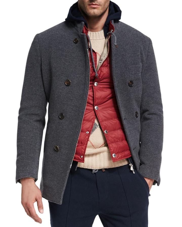 Wool-cashmere Zip-front Pea Coat, Dark Gray
