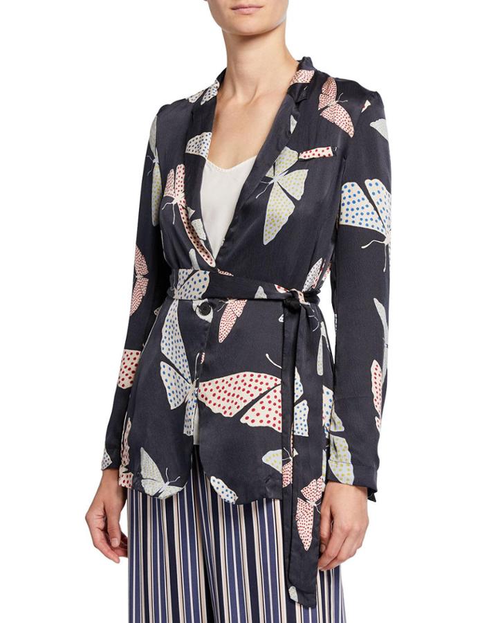 Butterfly-print Satin Belted Jacket