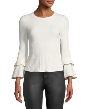 Tiered Bell-sleeve Ribbed Blouse