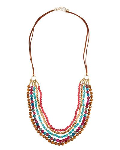 Long Multi-row Agate & Wood Beaded Necklace,