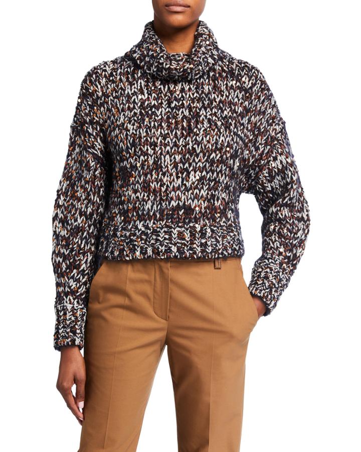 Turtleneck Long-sleeve Velvet Effect Tweed Paillettes