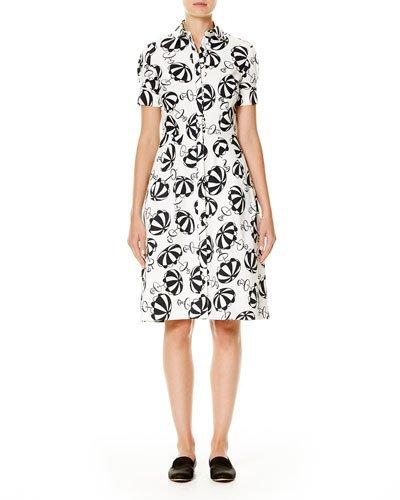 Umbrella-print Short-sleeve Shirtdress, Black/white