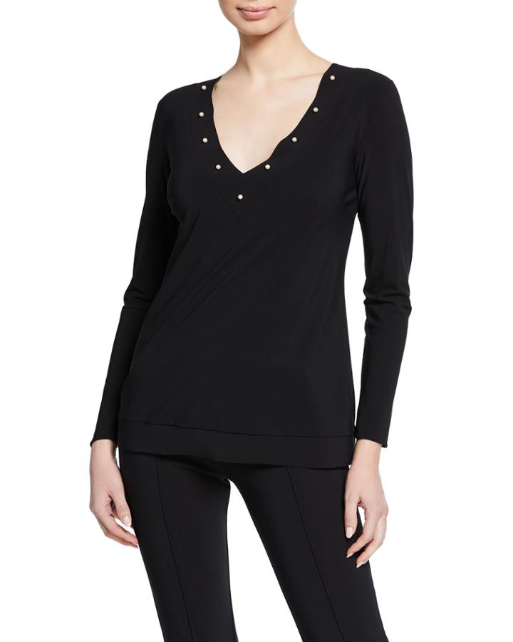 Gregoriana V-neck Long-sleeve Top W/ Pearlescent Trim