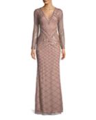 Long-sleeve V-neck Beaded Gown