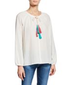 Double-tassel Long-sleeve Cotton Peasant Blouse