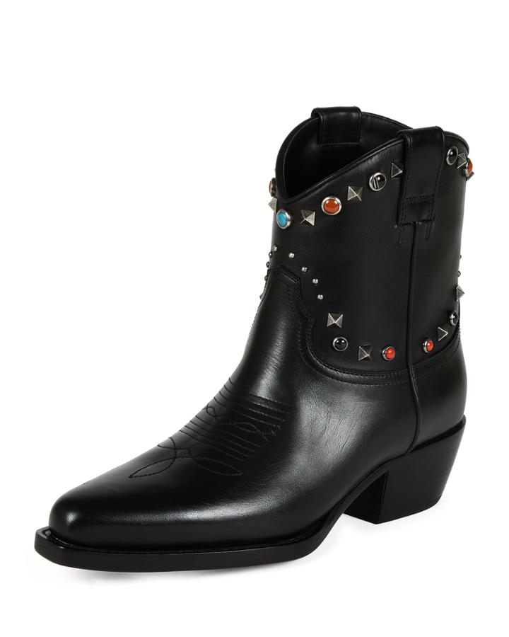 Rockstud Leather Cowboy Ankle Boots, Black (nero/al Campione)