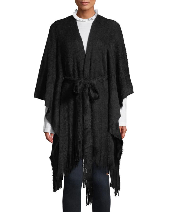 Belted Brushed Fringe-trim Ruana