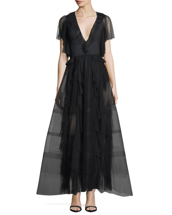 Nina Deep-v Ruffled Organza Evening Gown
