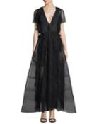 Nina Deep-v Ruffled Organza Evening Gown