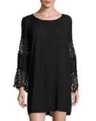 Lace-trim Bell-sleeve Crepe Shift Dress, Black