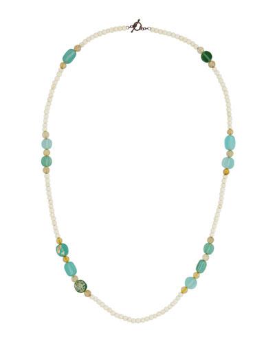 Long Quartz, Bone & Sea Glass Beaded Necklace